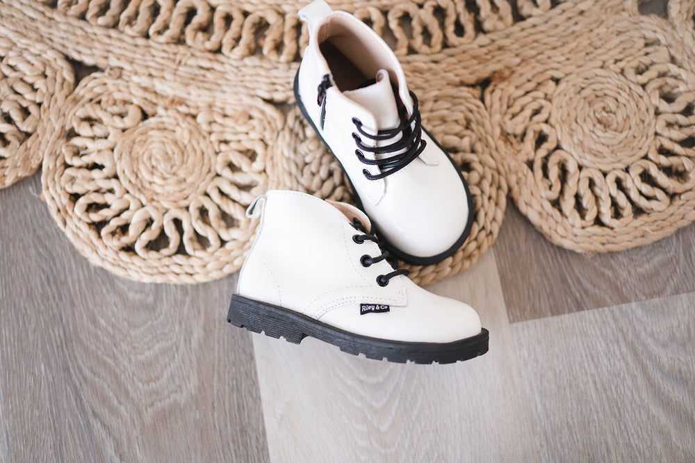 
                
                    Load image into Gallery viewer, Combat Boots - White Patent
                
            